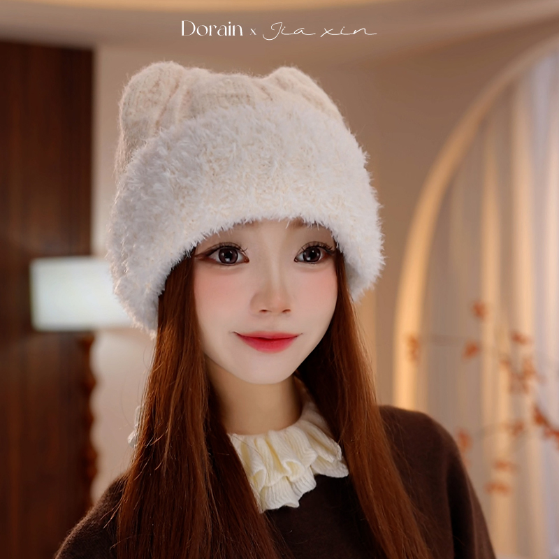 朵澜冬季新品纯色针织帽子女显脸小保暖护耳套头帽防寒骑车毛线帽