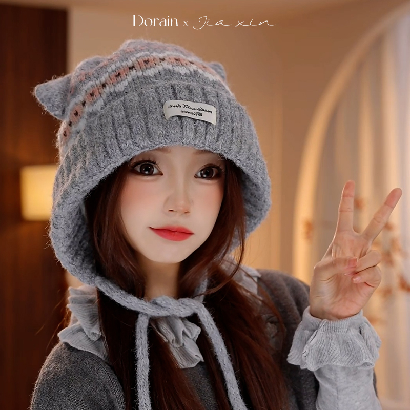 朵澜毛绒针织小熊帽子女秋冬季户外保暖防寒护耳帽显脸小毛线帽潮