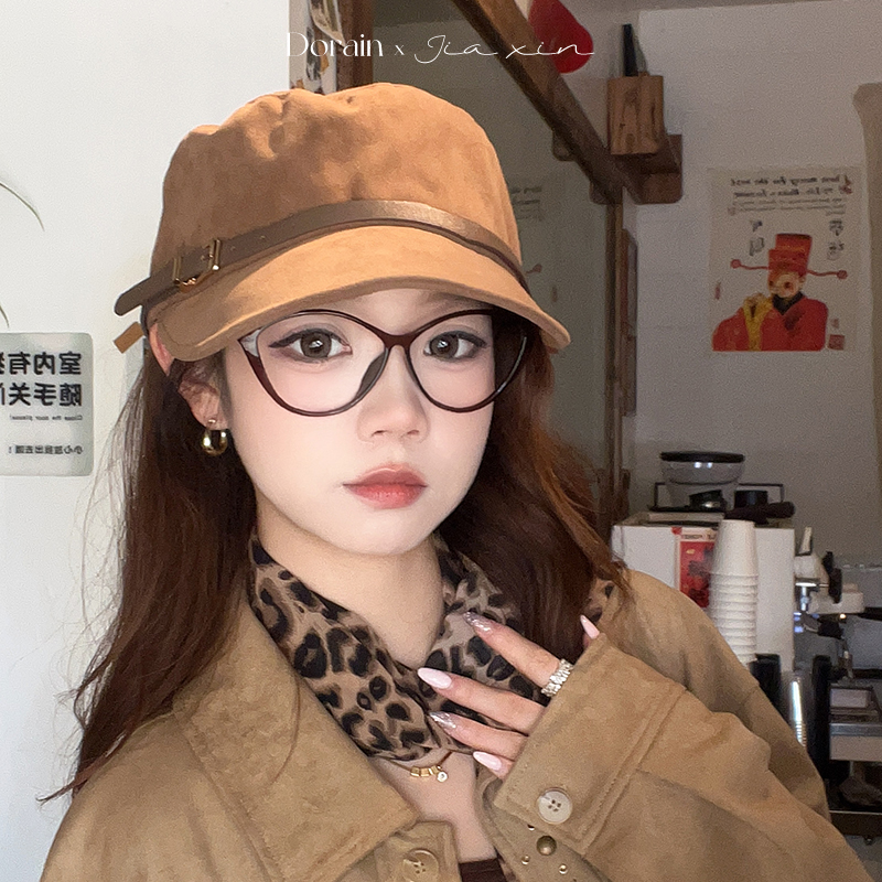 朵澜皮带扣麂皮绒马术帽女宽帽檐显脸小百搭鸭舌帽子英伦风骑士帽