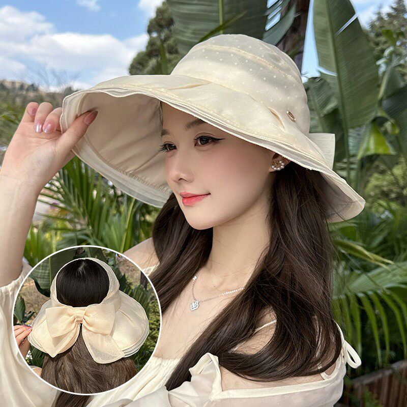Dorain朵澜大帽檐蝴蝶结遮阳帽夏防晒帽子女波点欧根纱空顶气质韩
