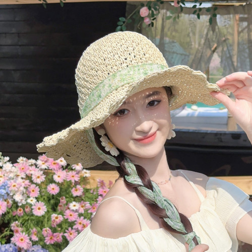 朵澜法式蕾丝飘带草帽女夏海边沙滩大檐草编防晒帽镂空透气太阳帽