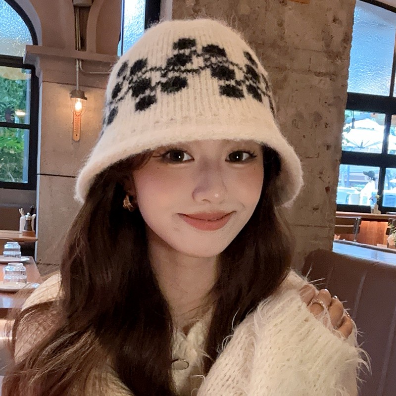 朵澜提花针织渔夫帽女冬季复古显脸小盆帽费尔岛保暖护耳毛线帽子