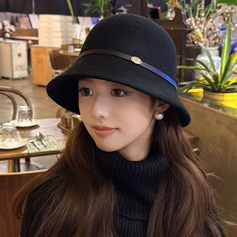 朵澜黑色羊毛呢渔夫帽女秋冬气质名媛网红法式显脸小礼帽素颜盆帽