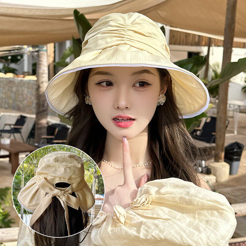 Dorain朵澜蝴蝶结褶皱宽檐防晒帽气质淑女温柔遮阳帽夏季防紫外线