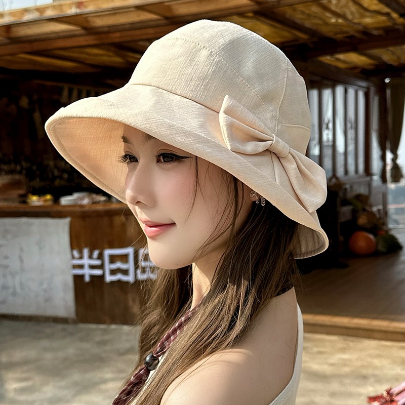Dorain朵澜翻边翘沿盆帽子女士渔夫帽春夏防晒优雅蝴蝶结遮阳帽