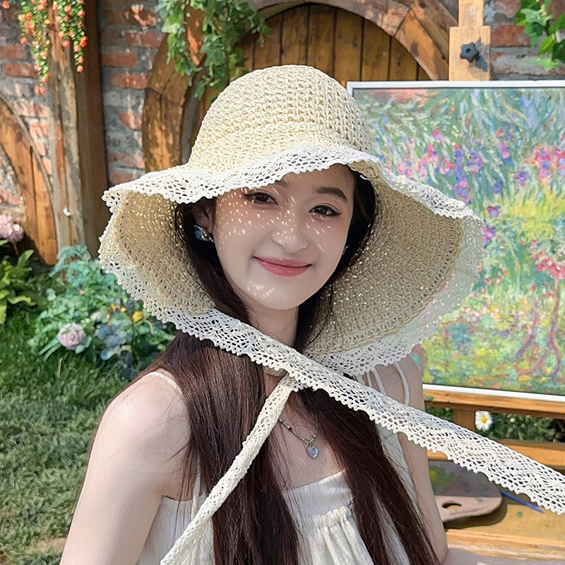 朵澜法式田园大帽檐花朵草编防晒草帽女夏沙滩海边度假遮阳太阳帽