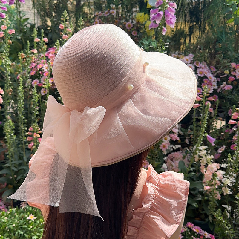 朵澜草帽法式大檐网纱防晒帽女夏季新款草编户外帽子紫外线遮阳帽