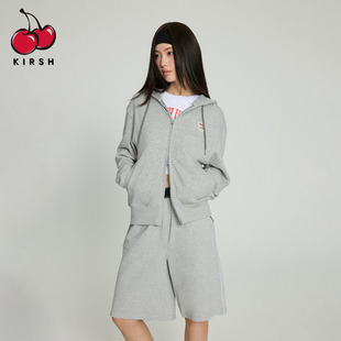 樱桃KIRSH 连帽卫衣开衫外套女春秋休闲宽松双拉链灰色韩版卫衣