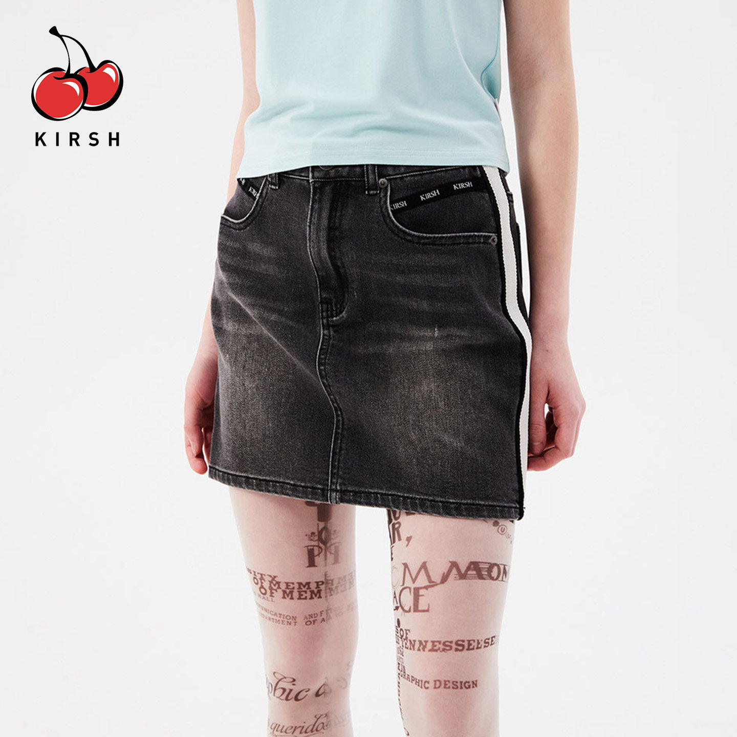 kirsh美式复古潮短款牛仔半身裙女A字韩式蕾丝拼接显瘦短裙小个子