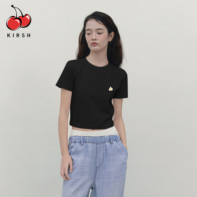 樱桃KIRSH 麻花圆领短袖针织衫女夏季新款修身少女韩版短款上衣夏