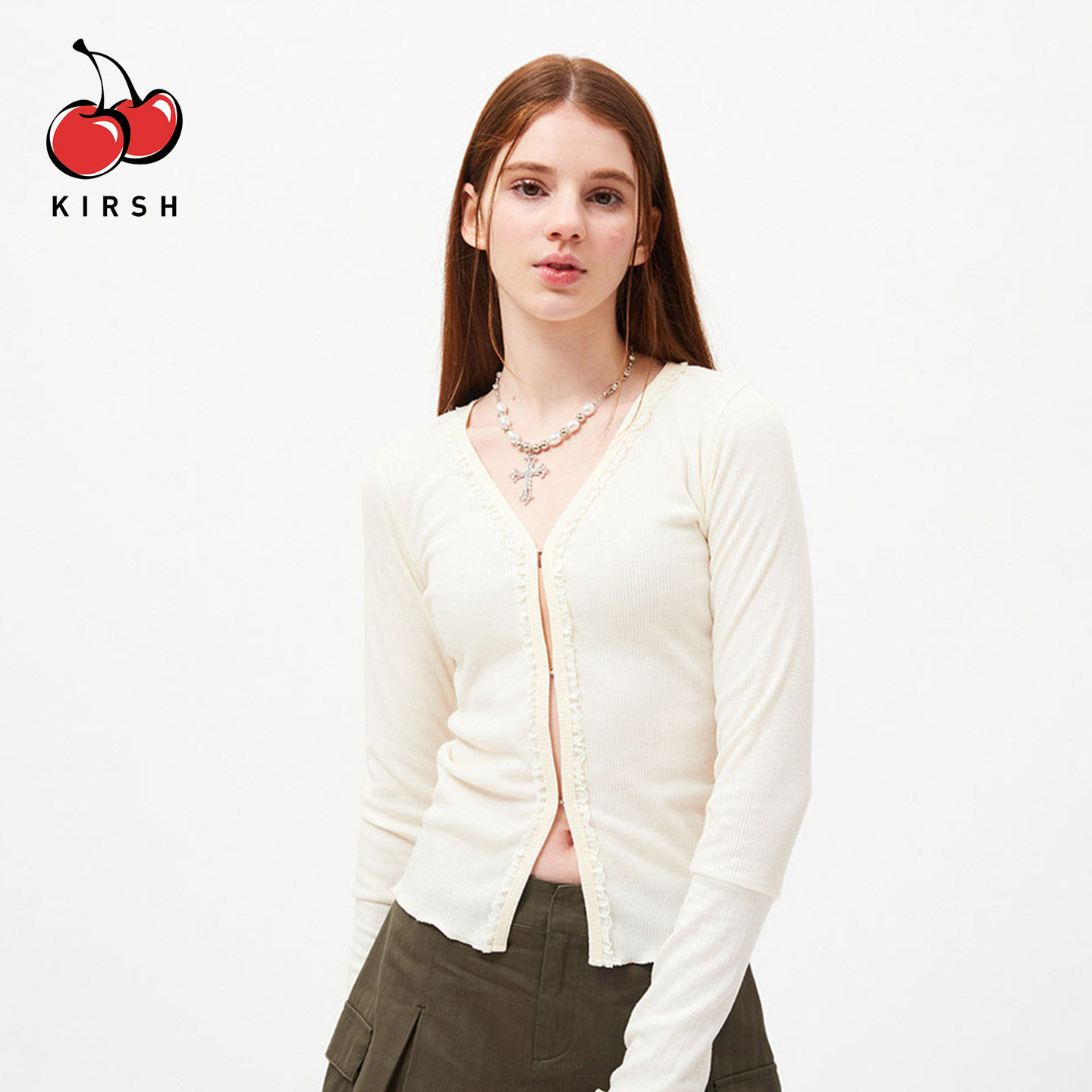 KIRSH韩系纯欲风V领蕾丝边修身针织衫夏秋长袖开衫薄款内搭上衣女图片