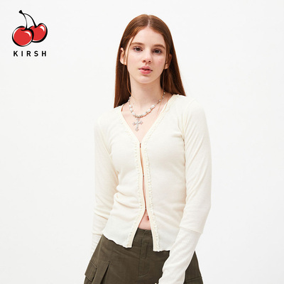 KIRSH韩系纯欲风V领蕾丝边修身针织衫春夏长袖开衫薄款内搭上衣女
