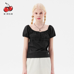 KIRSH泡泡袖方领露肩衬衫女夏法式气质褶皱蕾丝一字领短袖T恤上衣