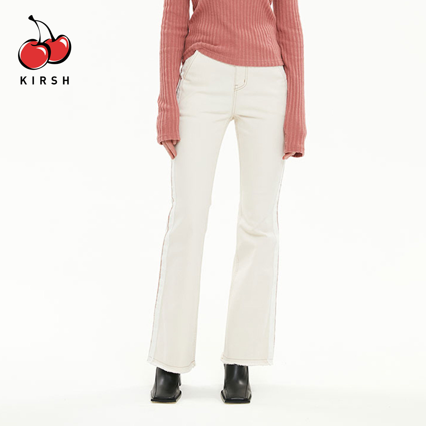 樱桃KIRSH秋冬休闲白色牛仔裤气质长裤修身显瘦女士微喇裤子时尚