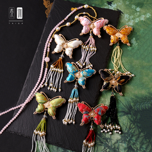 双面宋锦蝴蝶吊坠水晶挂链多色可选佛牌唐卡吊坠链汉服旗袍配链