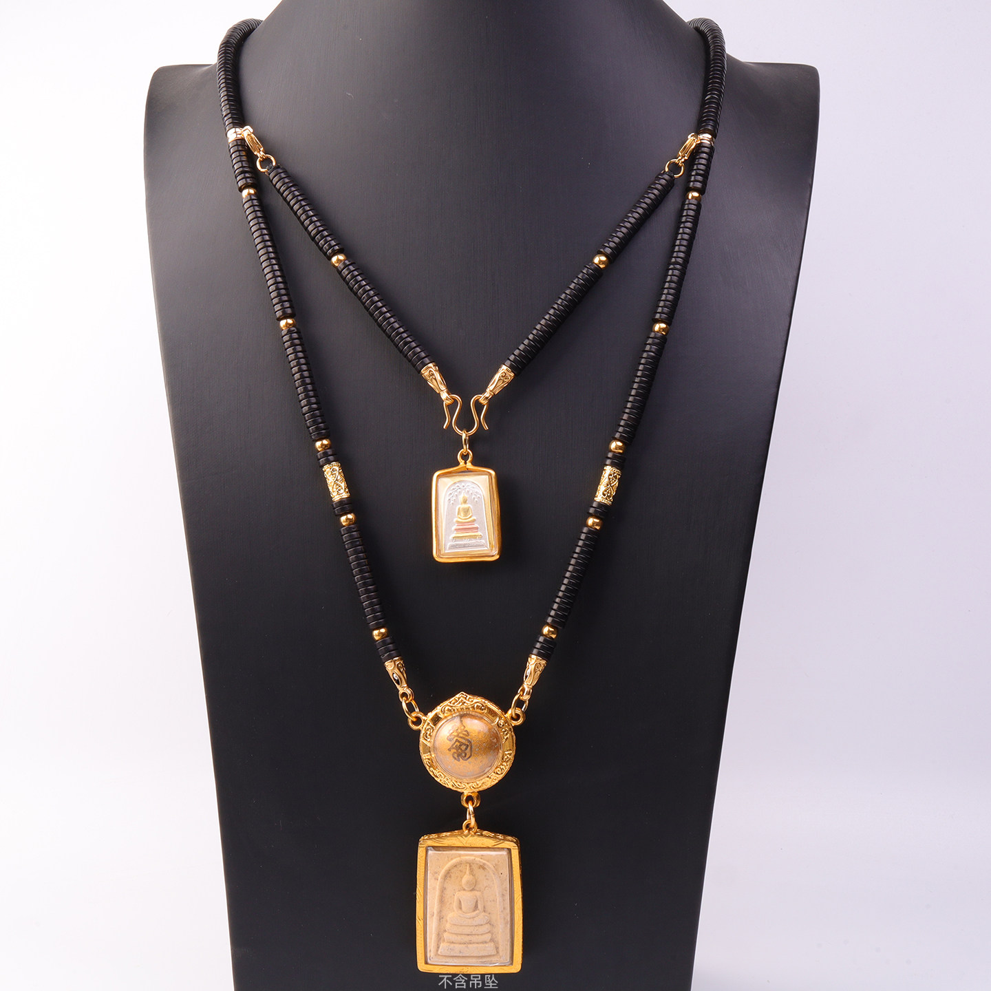 泰伽泰国原版双挂椰壳佛牌链双层多挂金银色M扣黑色双层文玩吊坠