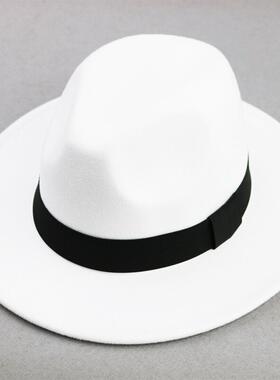 礼帽男女春秋新款呢子大檐礼帽黑色白色英伦复古绅士帽宽檐爵士帽