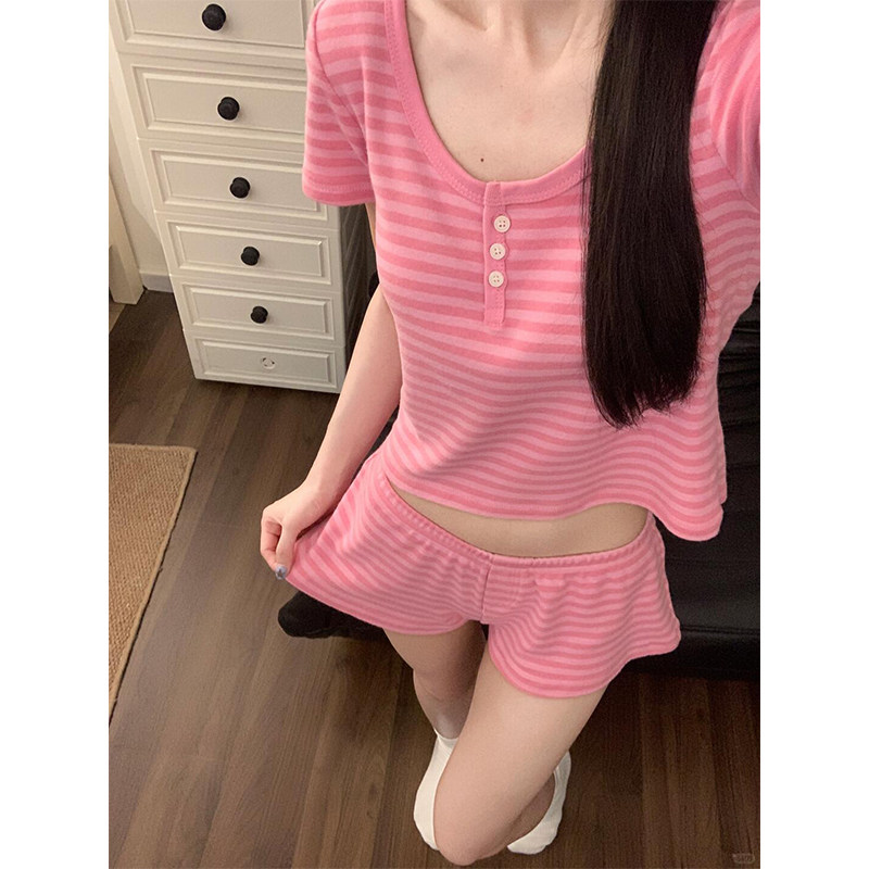 2026新款多巴胺粉色条纹睡衣女夏季短袖短裤家居服春秋休闲可外穿