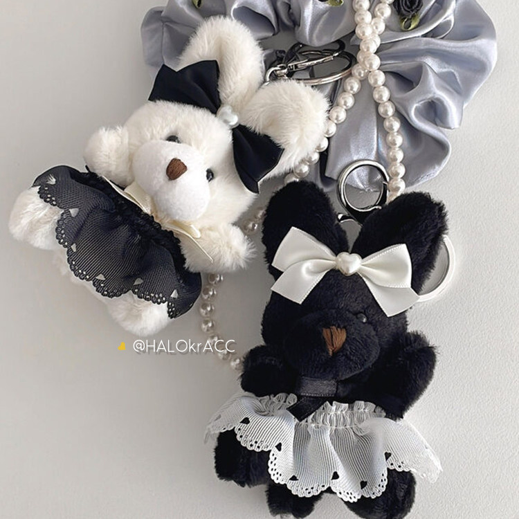HALOkrACC韩国进口 可爱黑白毛茸茸裙边兔兔 小兔子挂件