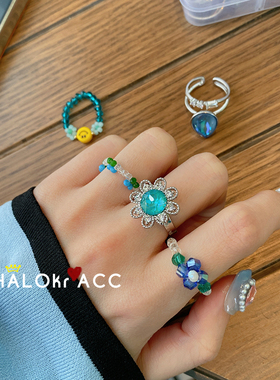 HALOkrACC韩国蓝色串珠小花戒指