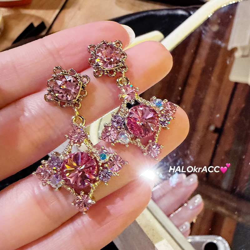 HALOkrACC韩国进口s水晶 波光糖纸 粉色冰糖折射尖钻菱形耳钉耳环