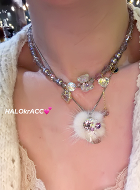 HALOkrACC韩代s水晶 椰果小熊高贵暗紫色毛球月亮项链