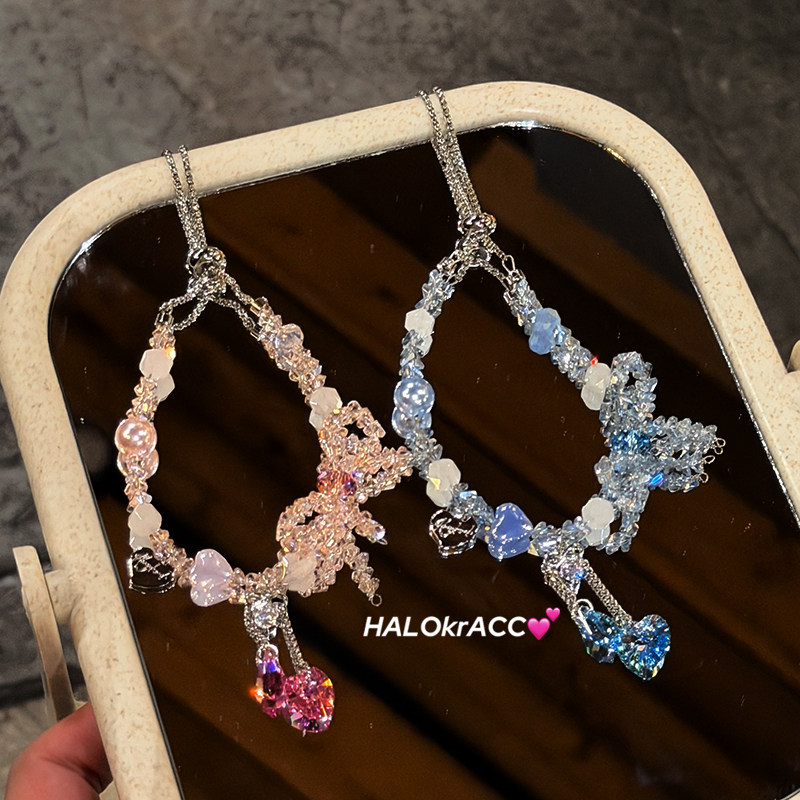HALOkrACC韩国进口s水晶 清冷冰波冰萃透亮粉蓝蝴蝶结流苏手链