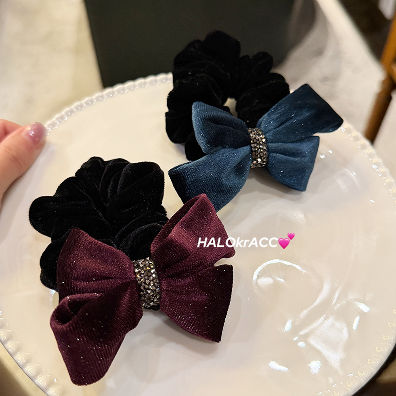 HALOkrACC韩国进口s水钻 暗灰闪闪尖钻 满天星蓝紫丝绒蝴蝶结发圈