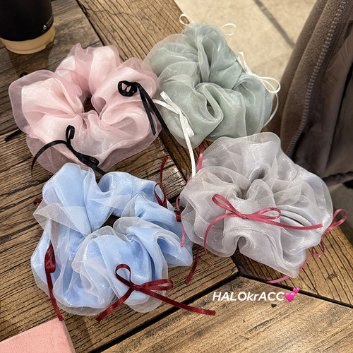 HALOkrACC韩代 春日芭蕾ins风玫粉丝带双层粉纱撞色柔纱大肠发圈