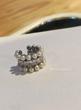 HALOkrACC韩国代购GIL精工厚金属锆石方钻珍珠镶边耳夹耳骨