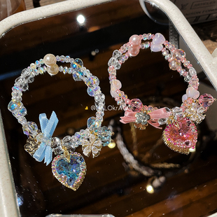 HALOkrACC韩国东大门s水晶 冰川粉桃立体爱心桃心丝带手链