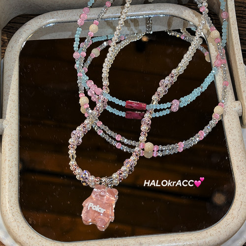 HALOkrACC韩代 晴朗天空漫游小熊 果冻波光亚克力串珠项链颈链