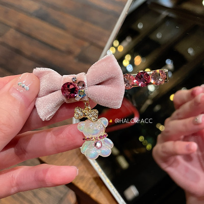 HALOkrACC韩国进口s水晶 椰奶果冻立体小熊丝绒三角蝴蝶结发夹