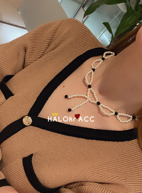 HALOkrACC韩国黑白复古珍珠项链