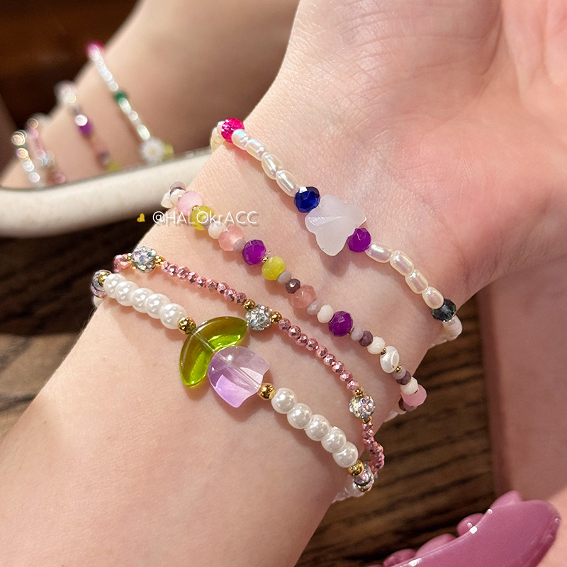 HALOkrACC韩国东大门夏日彩糖粉色郁金香糖豆彩色串珠手链