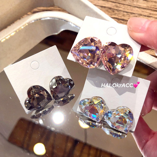 HALOkrACC韩代 奥地利水晶 清水冰萃大颗爱心炫闪耳钉耳饰