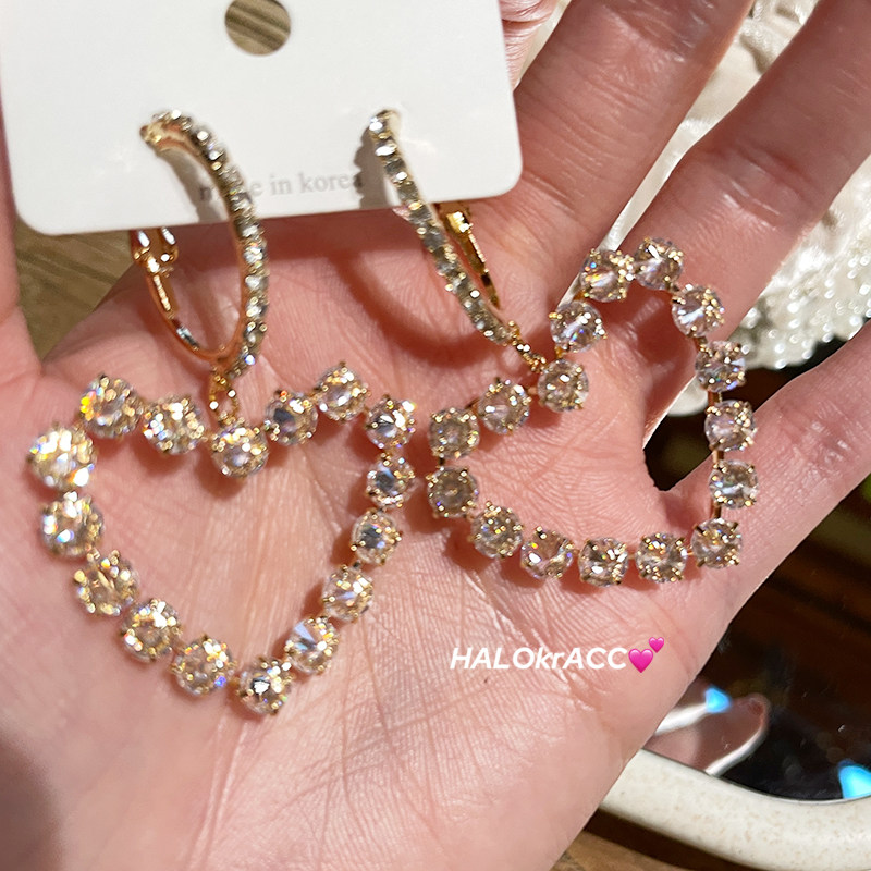 HALOkrACC韩国进口 KG清亮多面切割尖钻闪烁爱心套环耳钉