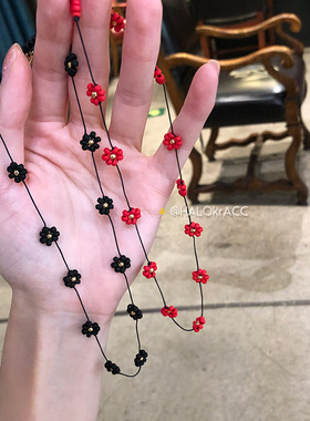 HALOkrACC韩代 ins风 磨砂红黑花朵简约冷淡风 串珠颈链项链
