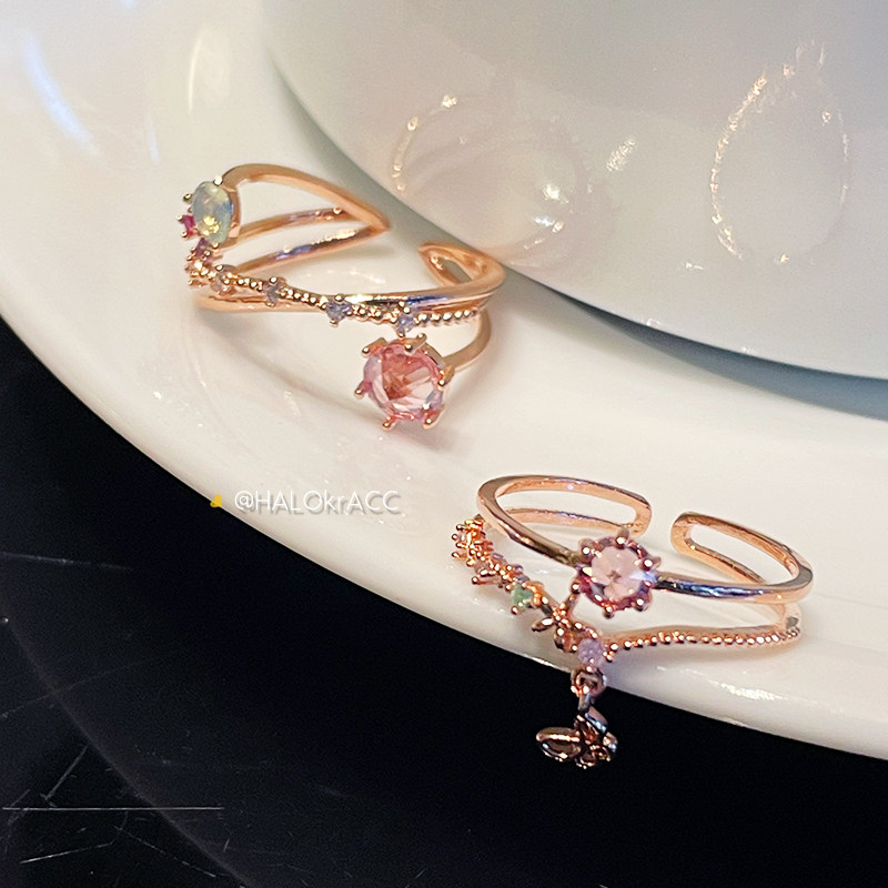 HALOkrACC韩代J花园甜冰糖粉水晶 春日樱色蝴蝶结环绕开口戒指