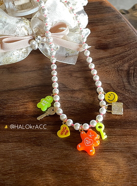 HALOkrACC韩代casti橘子汽水漂亮荧光橘色小熊饼干人精工串珠项链