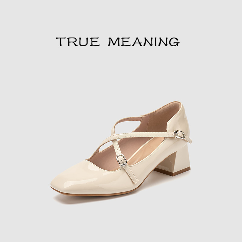 TrueMeaning2025新款法式复古玛丽珍优雅高跟鞋交叉带单鞋女