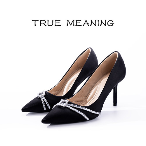TrueMeaning蝴蝶结黑缎高跟鞋