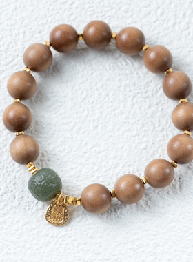 范语 老山檀碎银子手串 荷花雕刻青玉 扎基拉姆 10mm迈索尔老山檀