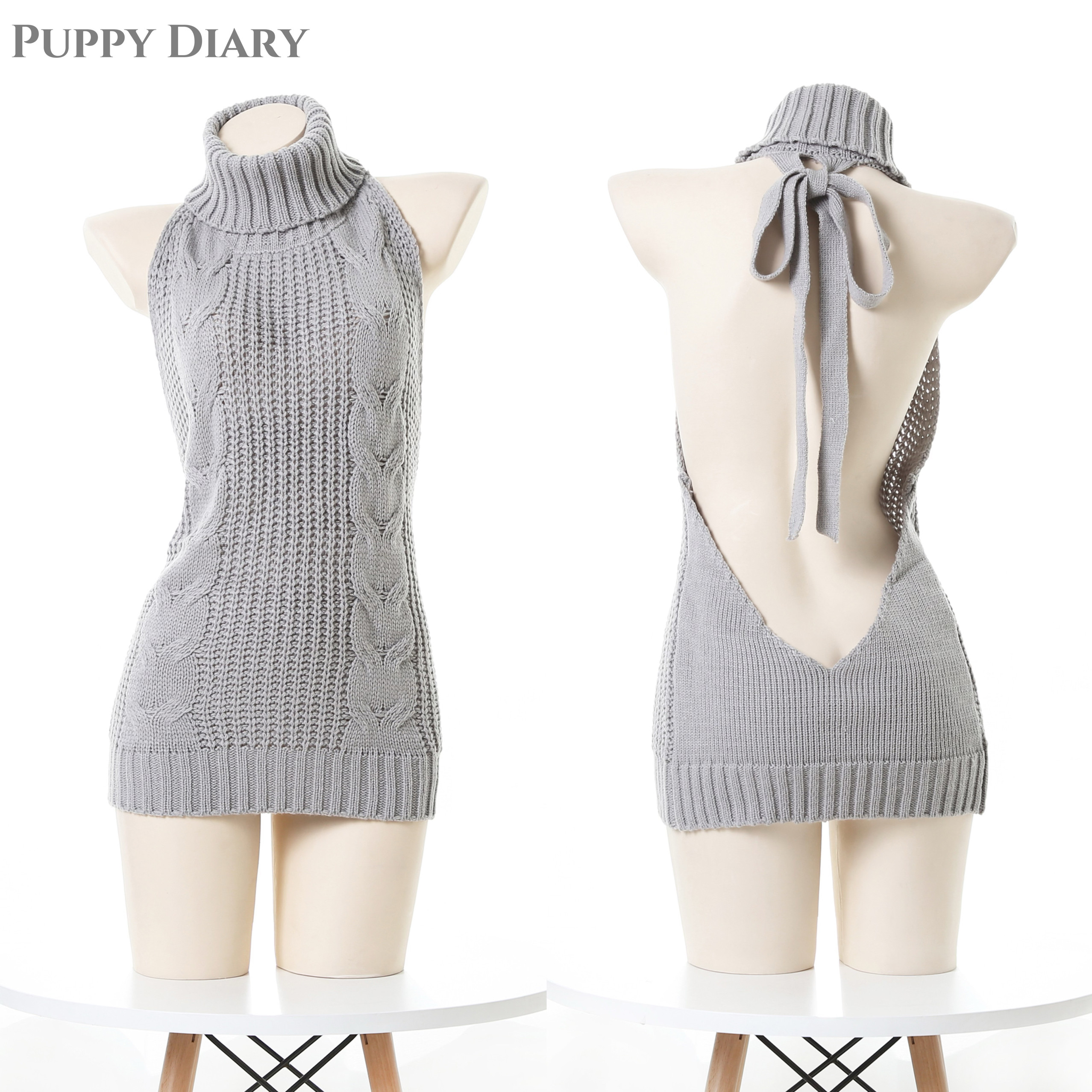 宅男女神！灰色高领露背毛衣裙女超性感包臀日系少女二次元cos