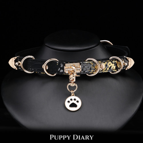 Puppy*蛇纹皮质项圈女choker贝母猫爪牌小骨头颈环情侣礼物可刻字