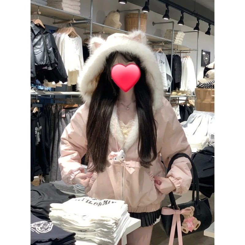 新款毛绒连帽正反两穿棉服女装秋冬百搭宽松显瘦休闲外套