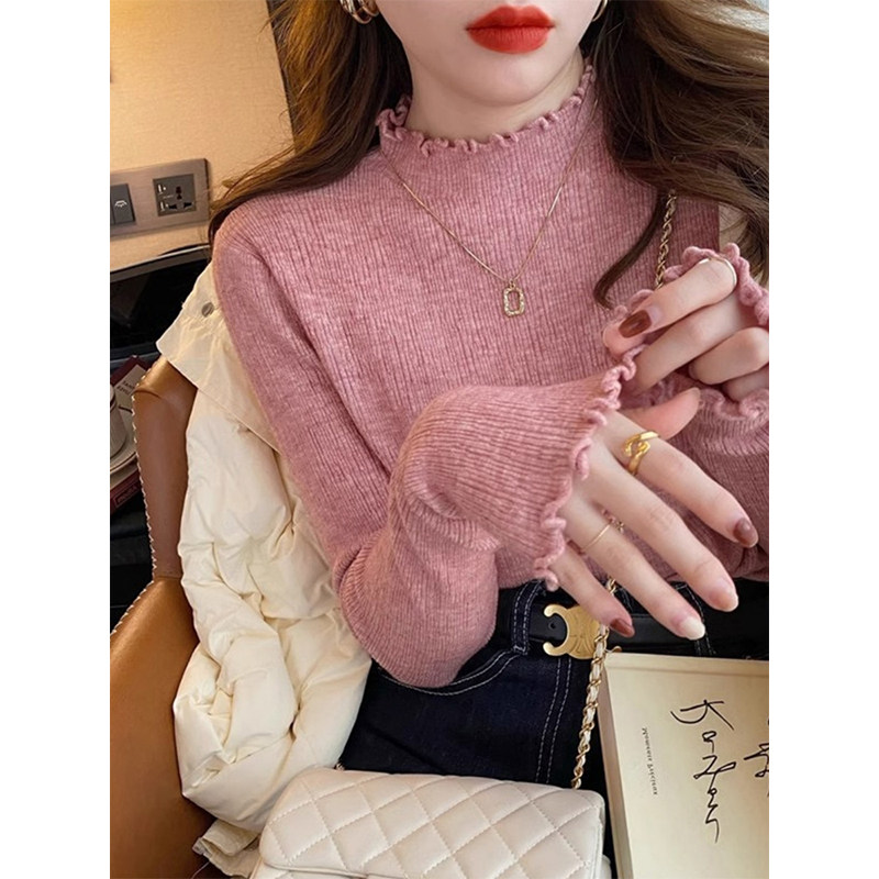 粉色半高领针织打底衫女秋冬新款法式百搭木耳边内搭毛衣长袖上衣