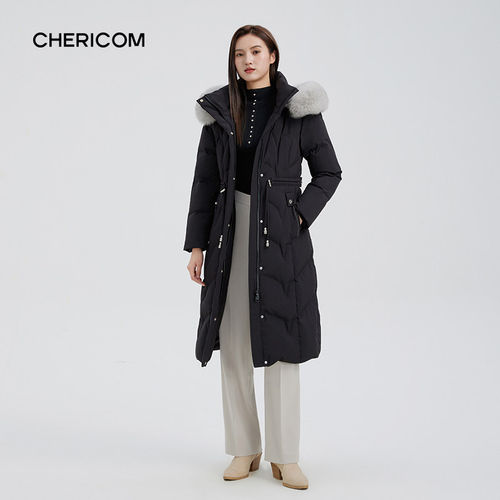 千仞岗冬季羽绒服女中长款韩版修身过膝时尚加厚毛领外套Y299226A