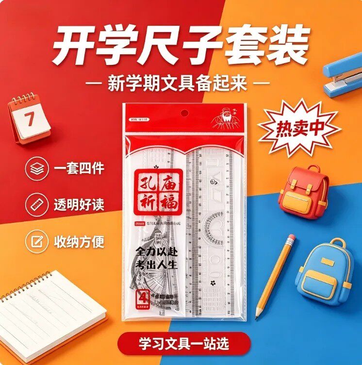 透明尺子学生考试套尺4件套绘图尺子套装初中学习用品量角器塑料