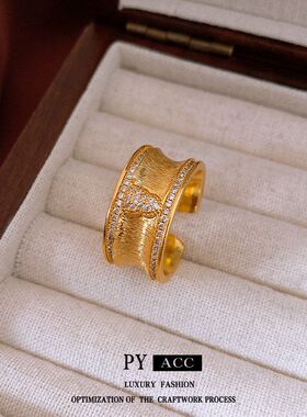 高级感vintage食指真金戒锆石戒指饰品批发电镀复古宽面葫芦中古